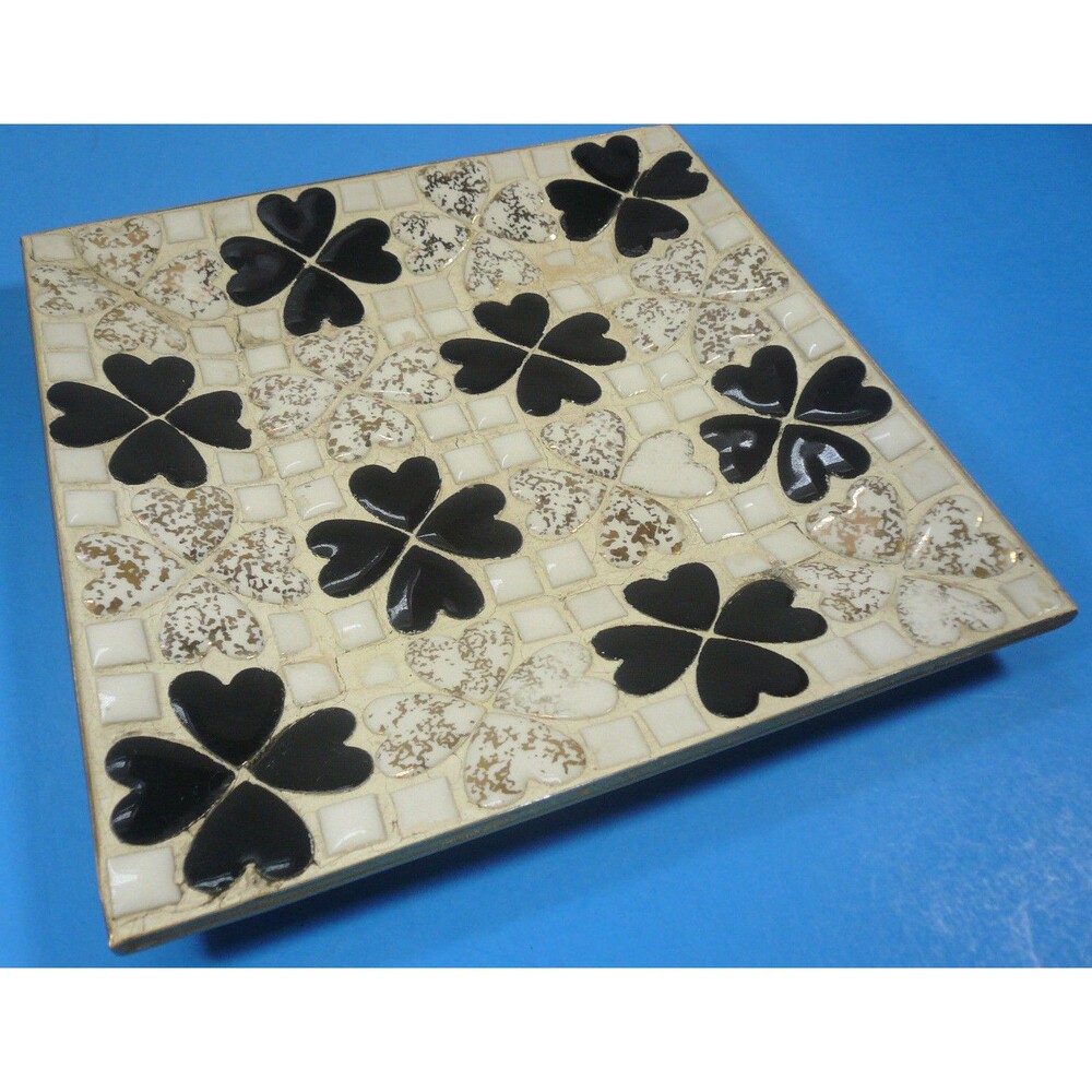 Vintage Heart Shaped Tile Dish Ashtray Black White Gold 7 3/4"